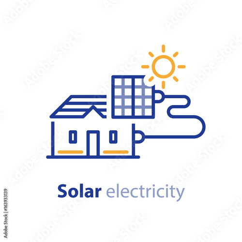 Sun energy, solar panels, home solution, electricity services line icon
