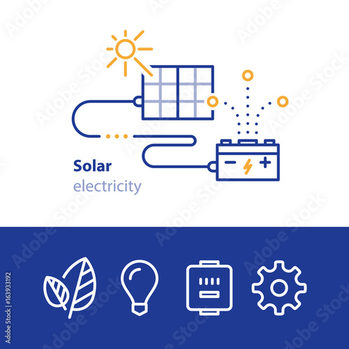 Sun energy, panels and accumulator, solar electricity icons