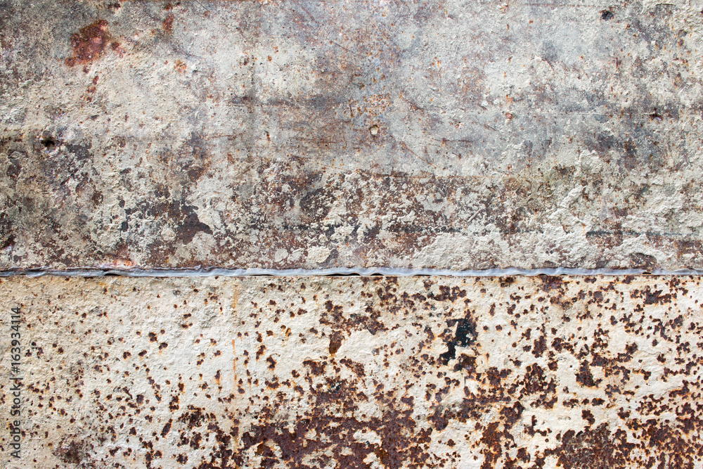 Fototapeta premium Detailed photo texture of rust old white painted metal wall. Old metal steel iron rust texture on background. Grunge rusty metal surface texture.