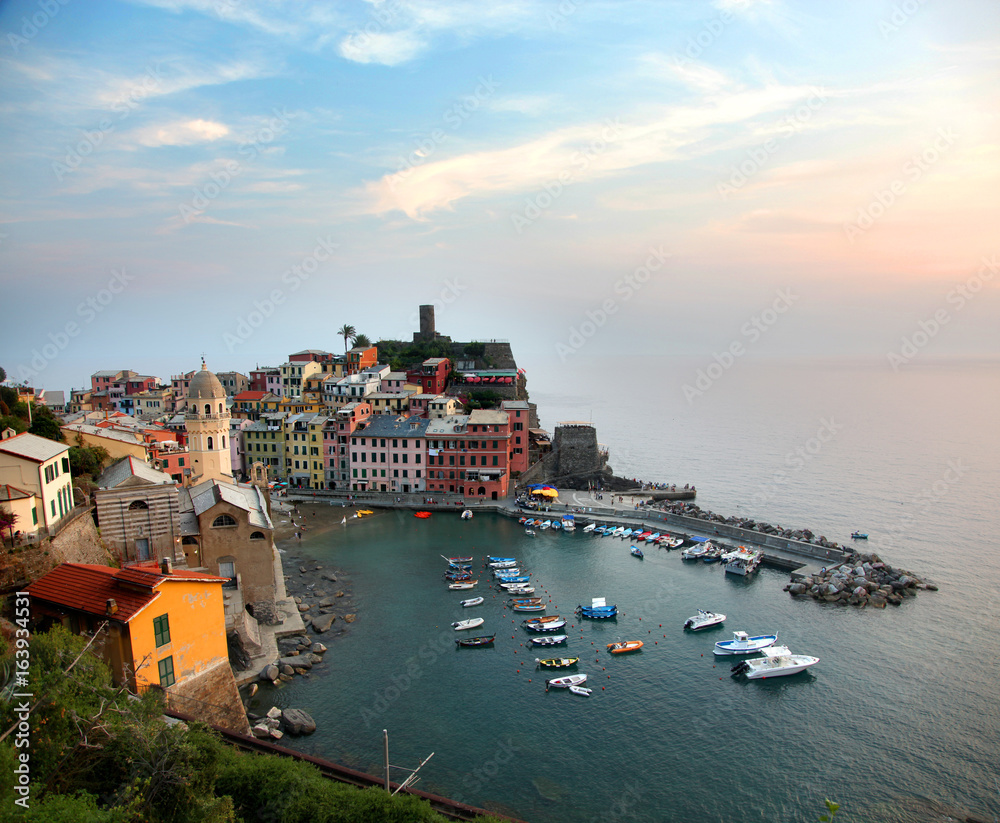View of Vernazza in the Cinque Terre at sunset