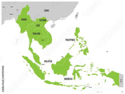 ASEAN Economic Community, AEC, map. Grey map with green highlighted member countries, Southeast Asia. Vector illustration.