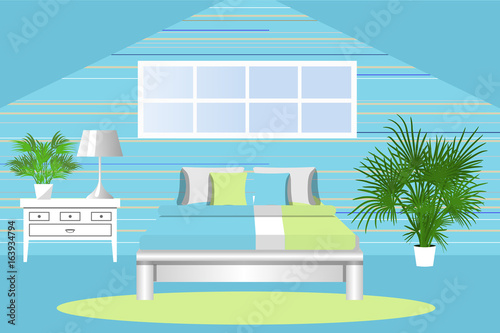 The interior of the bedroom. Room under the roof , attic . Cartoon. Vector illustration.