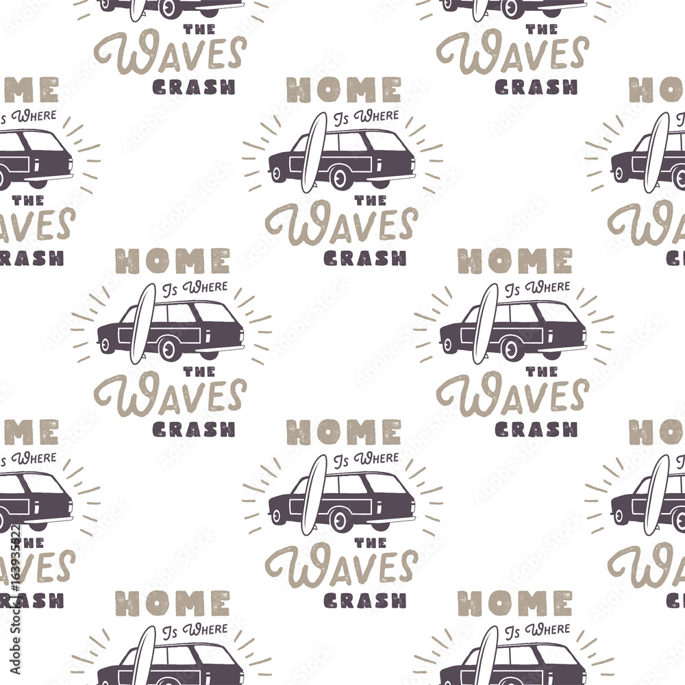 Surfing old style car pattern design. Summer seamless wallpaper with surfer van, surfboards, sunbursts. Monochrome combi car. Vector illustration. Use for fabric printing, web projects, t-shirts.