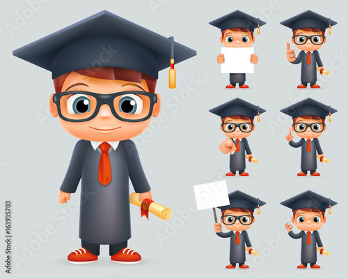 Graduation Cap Excellent Diploma Certificate Scroll Student Genius School Clever Smart Boy Uniform Suit Goggles 3d Character Vector Illustration