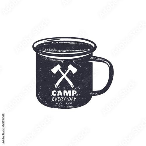 Hand drawn camping mug shape label with motivational quote - Camp every day. Outdoor activity badge. Wilderness print. Stock Vector vintage illustration.