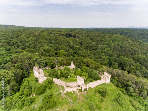 Aerial view of Saschiz fortress in Saschiz Saxon Village, Transylvania photo