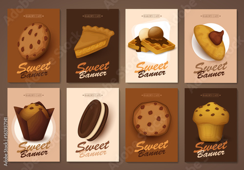 Set of brochures with sweets. Vector templates. Backgrounds with cakes, cupcakes and cookies.