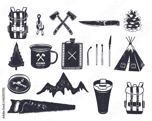 Vintage hand drawn adventure hiking, camping shapes of backpack, saw, mountain, matches, tree, knife, thermo cup and others. Retro monochrome design. Can be used for t shirts, prints. Stock vector