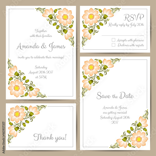 Set of wedding cards with hand drawn flowers. Vector illustration