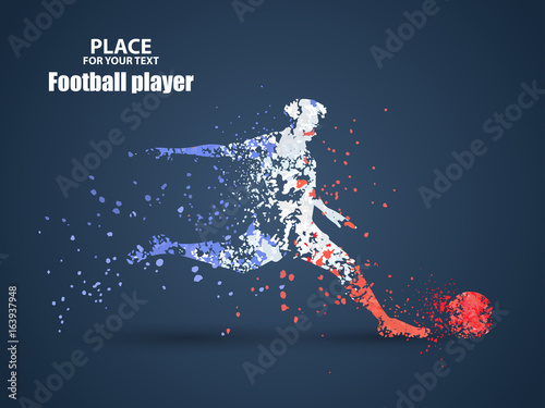 France football championship with player and flag colors., kick a ball, particle divergent composition, vector illustration