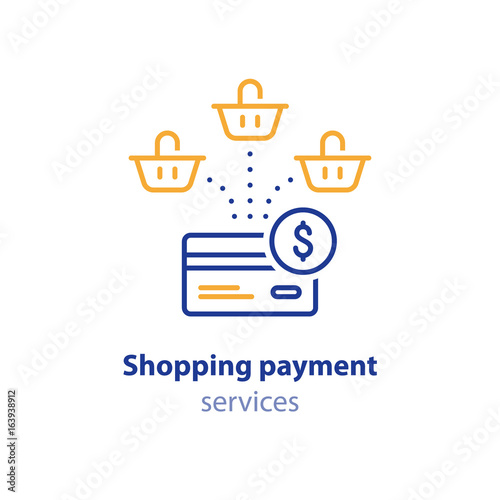 Combined order payment, shopping concept, basket icon and credit card