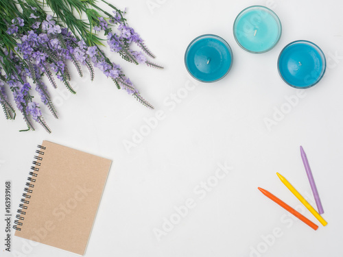 Flat lay, top view office table desk frame. feminine desk workspace with laptop, watch on white background.Love concept top view composition.note for somthing in love emotin. photo