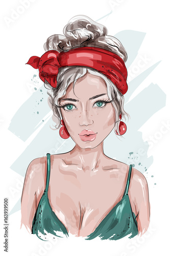 Beautiful Pin Up girl. Hand drawn fashion woman. Young woman dressed in pin-up style. Fashion woman portrait. Sketch. Vector illustration.
