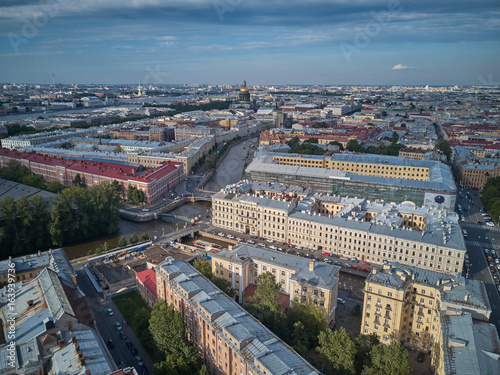 Beautiful super-wide angle aerial view of Kolomna district and St. Isaac cathedral, Saint-Petersburg, Russia. © Alexey