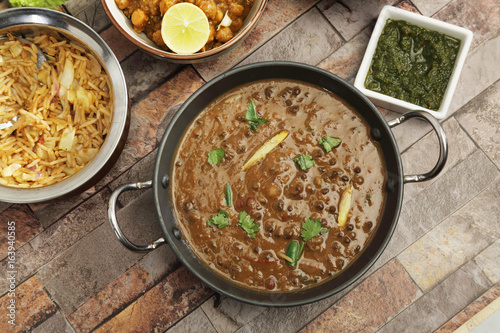 Indian Dal Makhani with Pulav or Vegetable Pulao and Chana Masala photo