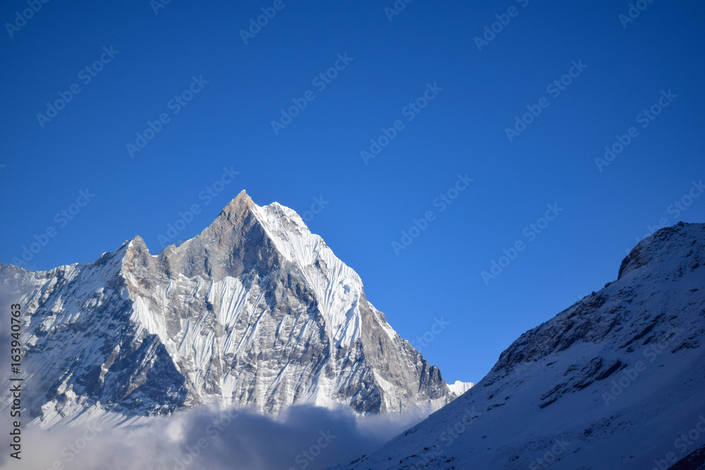 Snow-covered mountain from ABC base camp, himalaya, Nepal - obrazy, fototapety, plakaty 