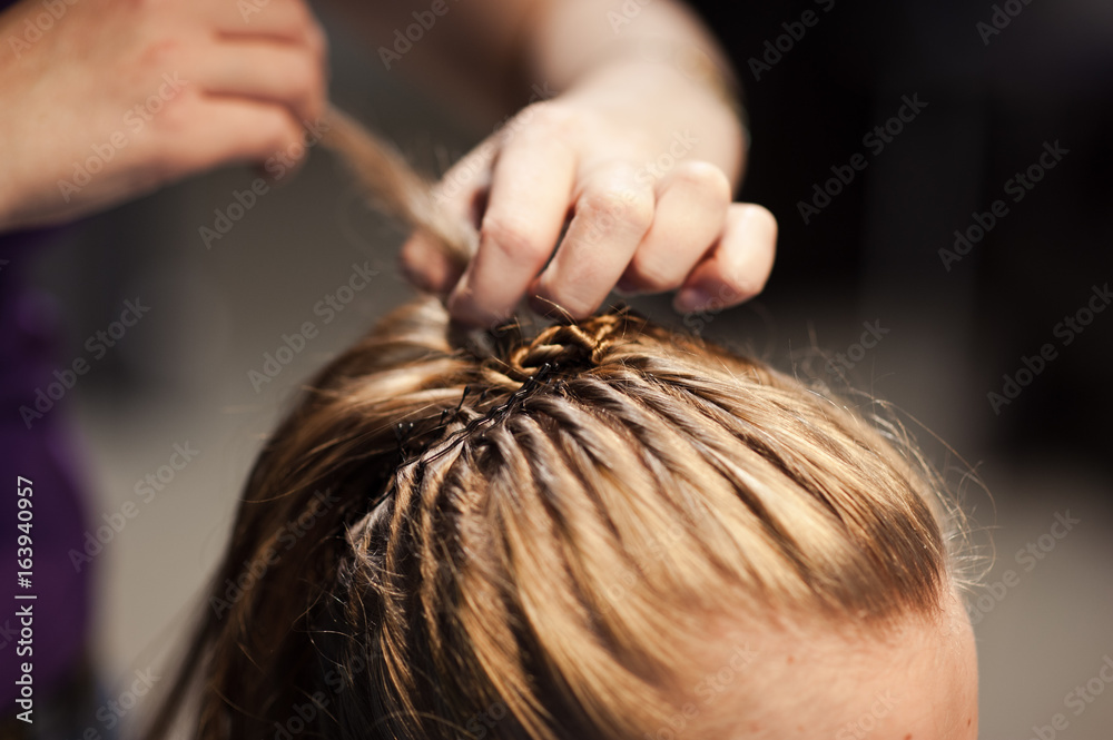 Naklejka premium Hairstyle of the bride. Beautiful wedding hairstyle for the bride. Large with details