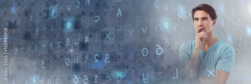 Thinking man with code letters and numbers decipher transition