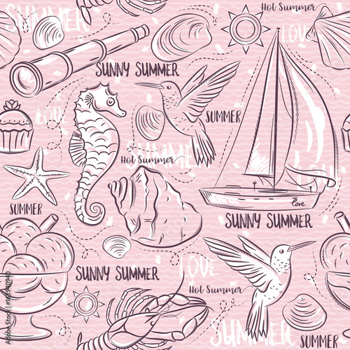 Tapety Bezszwowi wzory z lato symbolami, łodzią, dennym koniem, teleskopem, lody, hummingbird na różowym tle, wektorowa ilustracja.