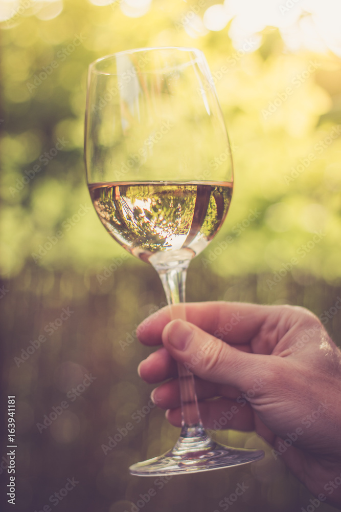Weinglas, erfrischender Weißwein, gehalten in Frauenhand, Abendsonne