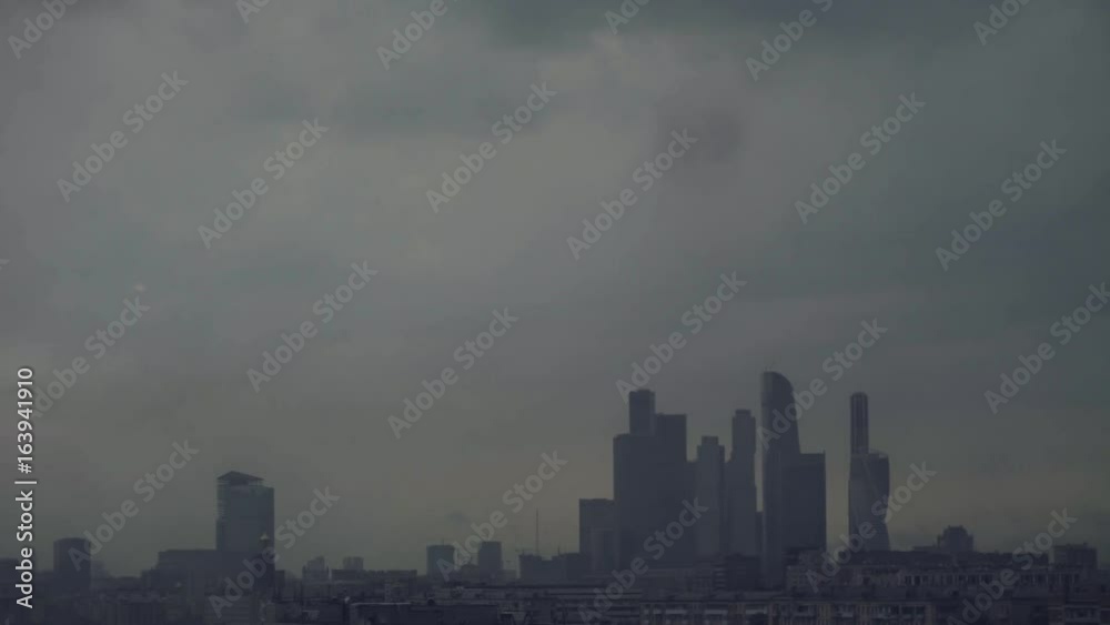 Rain in Moscow. View to modern buildings Rain in Moscow. View to modern buildings