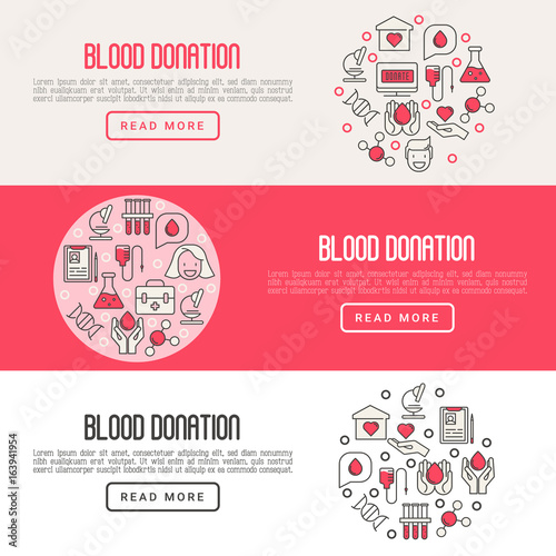 Blood donation concept for web page, banner, print media with thin line icons. World blood donor day. Vector illustration.