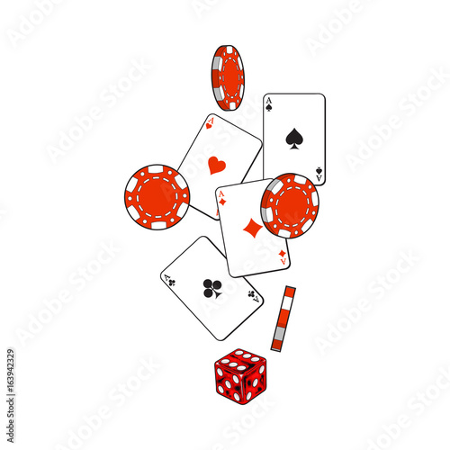Set of heart, spade, clubs and diamond ace play cards, dice and gambling chips, sketch vector illustration isolated on white background. Dice, gambling chips, playing cards set, poker, casino symbols