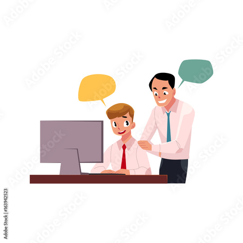 Boss managing male employee, man working on computer, cartoon vector illustration isolated on white background with speech bubbles. Boss supervising male employee working in office with speech bubbles