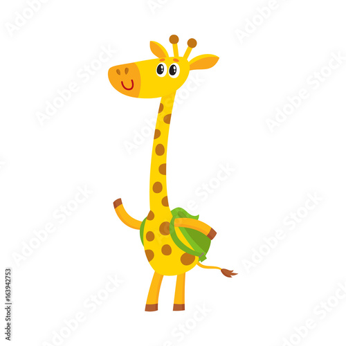 Cute little giraffe animal student character with backpack, back to school concept, cartoon vector illustration isolated on white background. Little giraffe student with backpack, greeting gesture