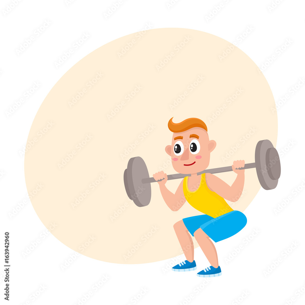 Obraz premium Young man squatting with barbell, doing sport exercises in gym, cartoon vector illustration with space for text. Cartoon man, guy squatting with barbell, weightlifting, bodybuilding in gym