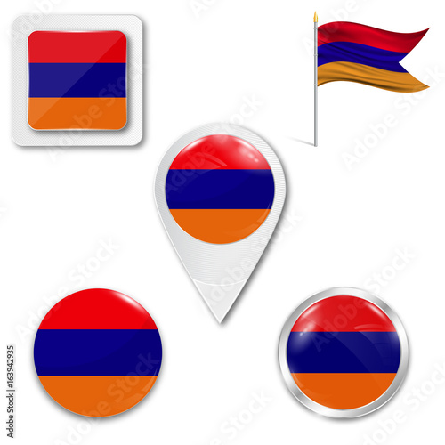 Set of icons of the national flag of Armenia in different designs on a white background. Realistic vector illustration. Button, pointer and checkbox.