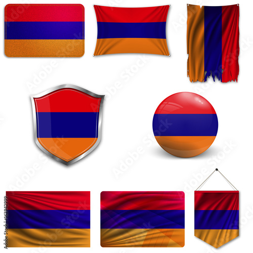 Set of the national flag of Armenia in different designs on a white background. Realistic vector illustration.