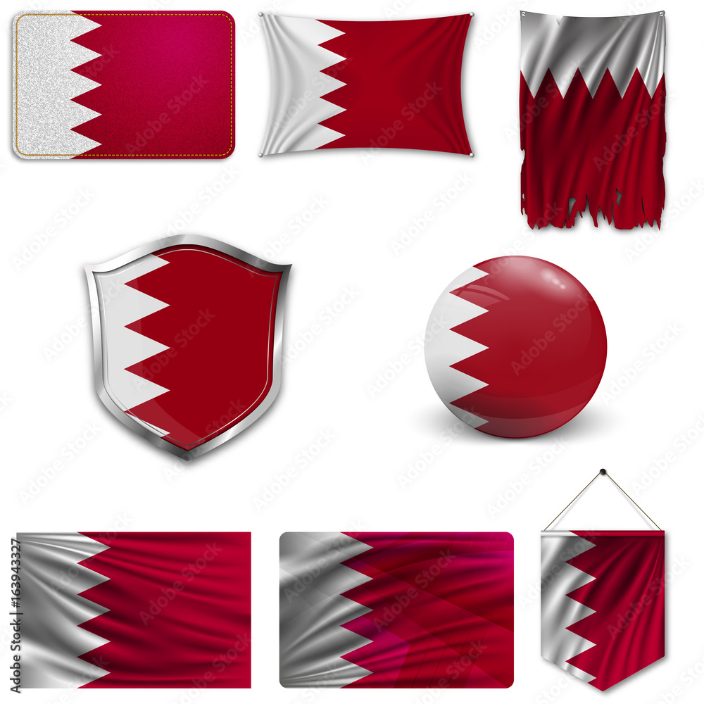 Obraz premium Set of the national flag of Bahrain in different designs on a white background. Realistic vector illustration.