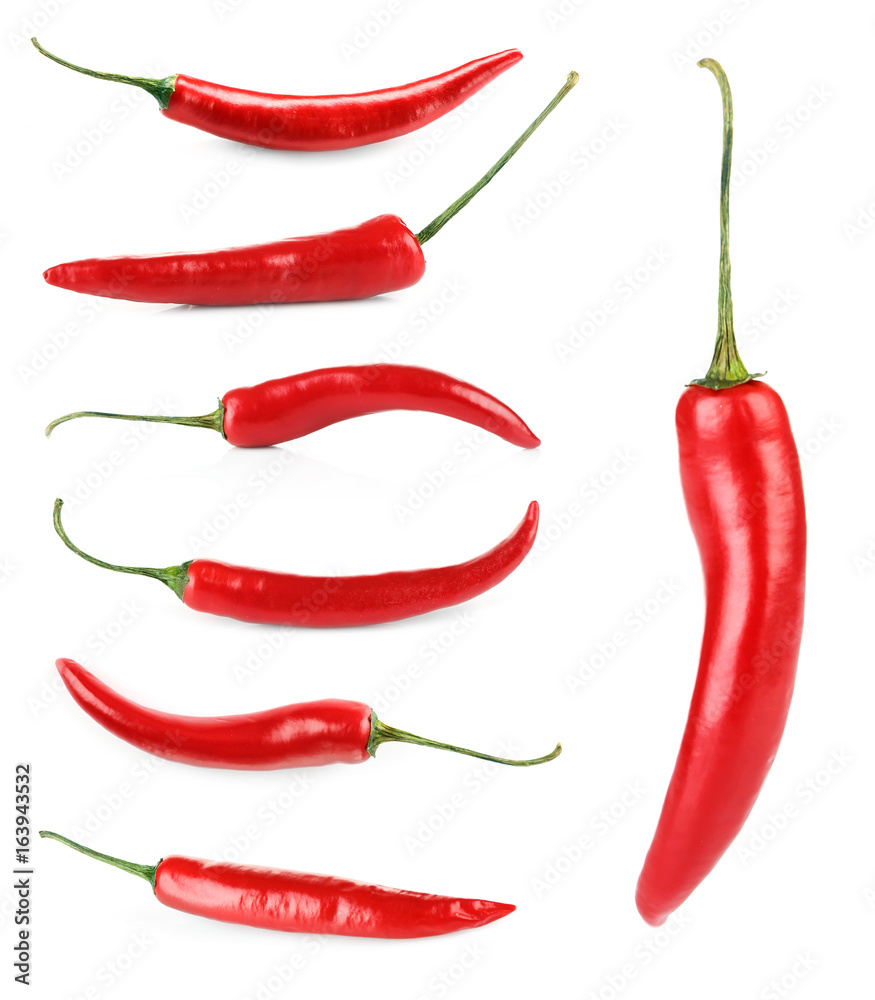 Collage of chili peppers on white background