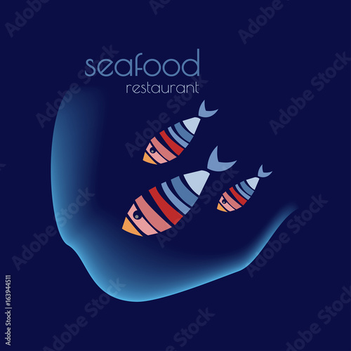 Three colorful fishes in the sea. Seafood restaurant logo. Blue background.