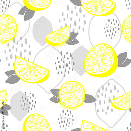 Seamless pattern with illustration of lemons. Fabric print. Packaging design. Vector.