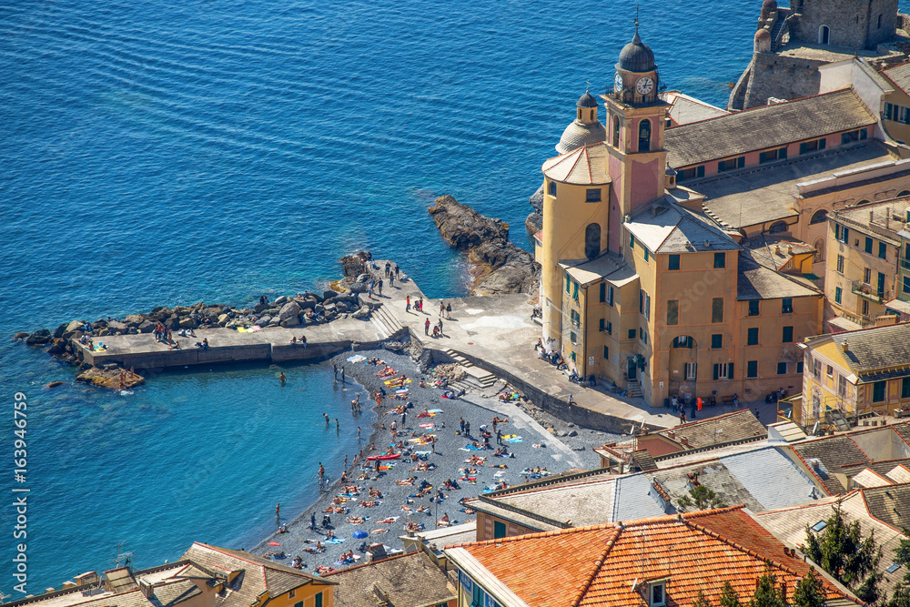 Aerial view of city of Camogli , Genoa Province, The church and the pier, Liguria, Mediterranean coast, Italy