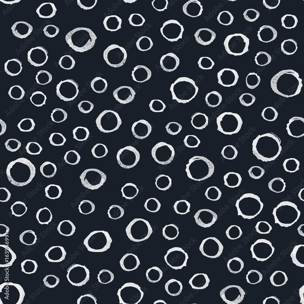 Hand painted seamless watercolor pattern. Abstract watercolor circles in white. Seamless pattern with watercolor circles on dark blue background.