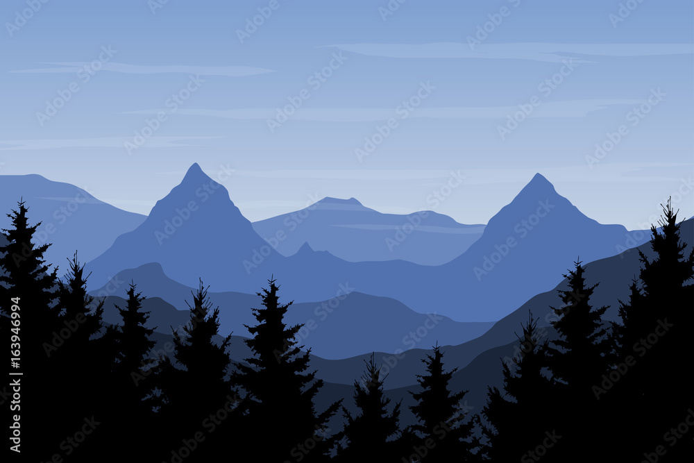 Panoramic view of mountain landscape with forest and hill under blue sky with clouds - vector illustration