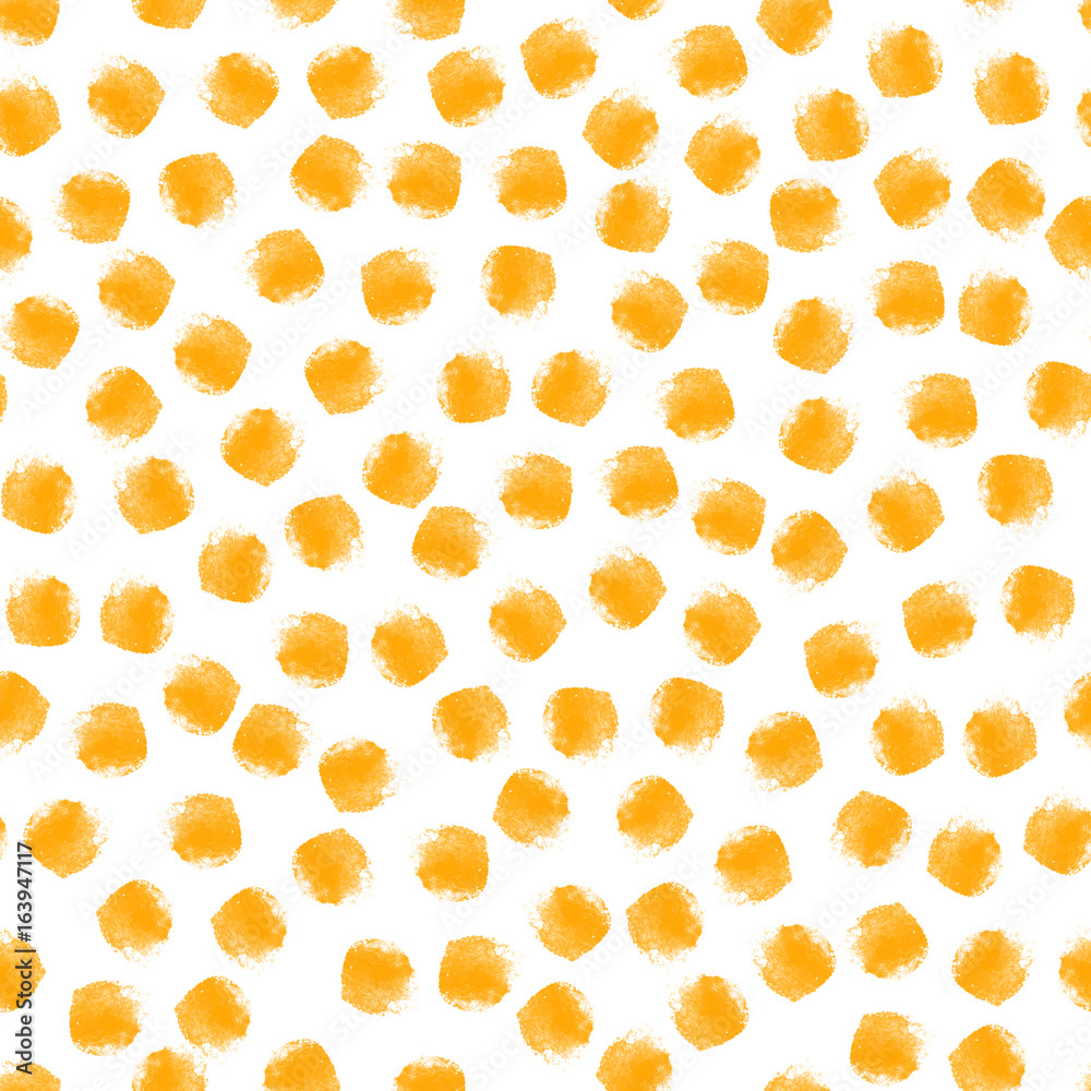 Hand drawned seamless watercolor pattern. Abstract watercolor spiral strokes in orange. Seamless pattern with watercolor yellow spots.