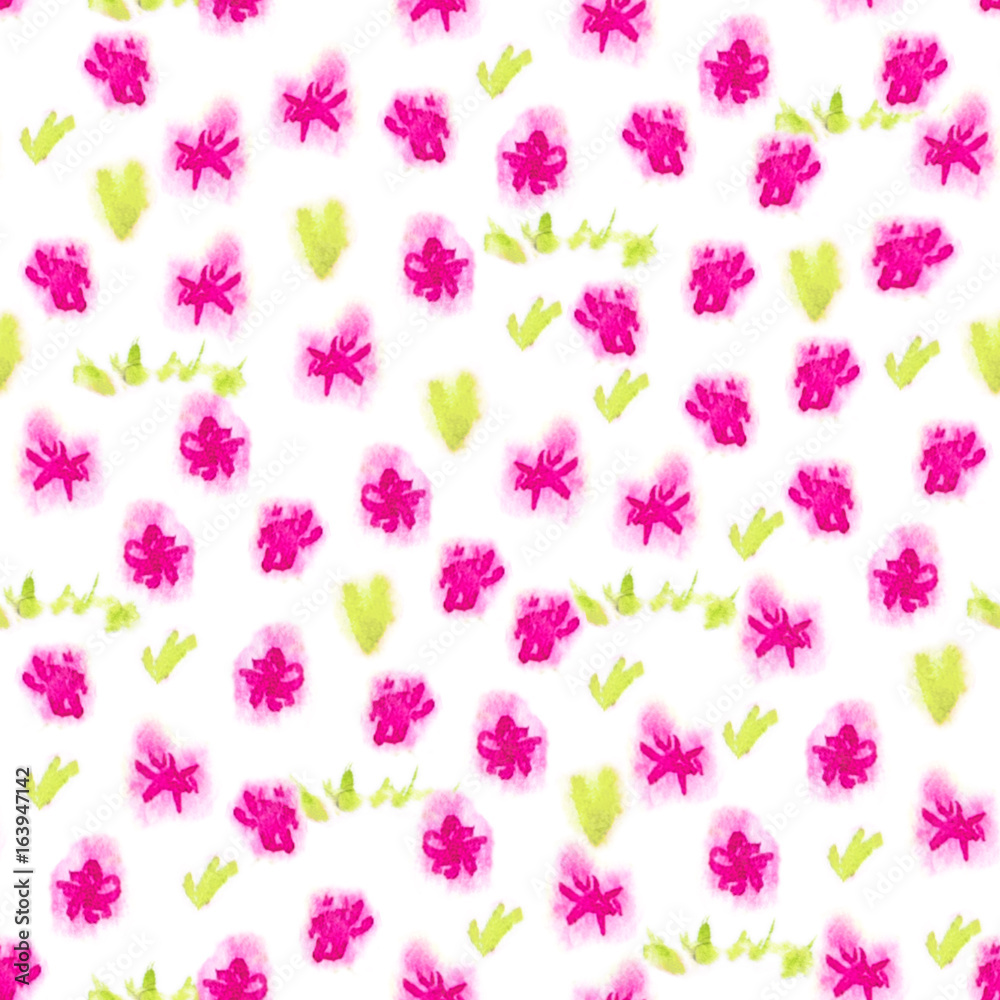 Hand drawned seamless watercolor pattern. Abstract watercolor flowers and grass in pink and green. Seamless pattern with watercolor purple flowers.