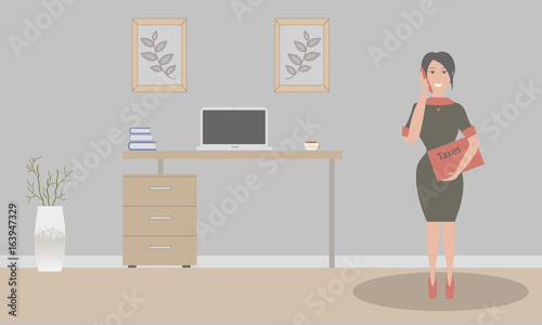 Office in loft style.Vector illustration.Table,decorative branches in a beautiful vase floor, paintings.Cup with coffee, laptop.A sexy businesswoman in a black dress with a red folder Taxes.Red shoes 