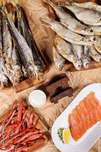 Dried fish in the assortment is shot close-up photo