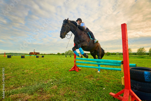 Pretty young girl jockey and her horse jumper