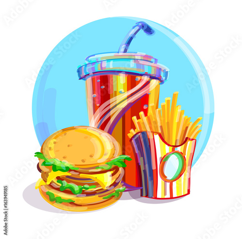 French fries, hamburger and soda takeaway vector illustration.