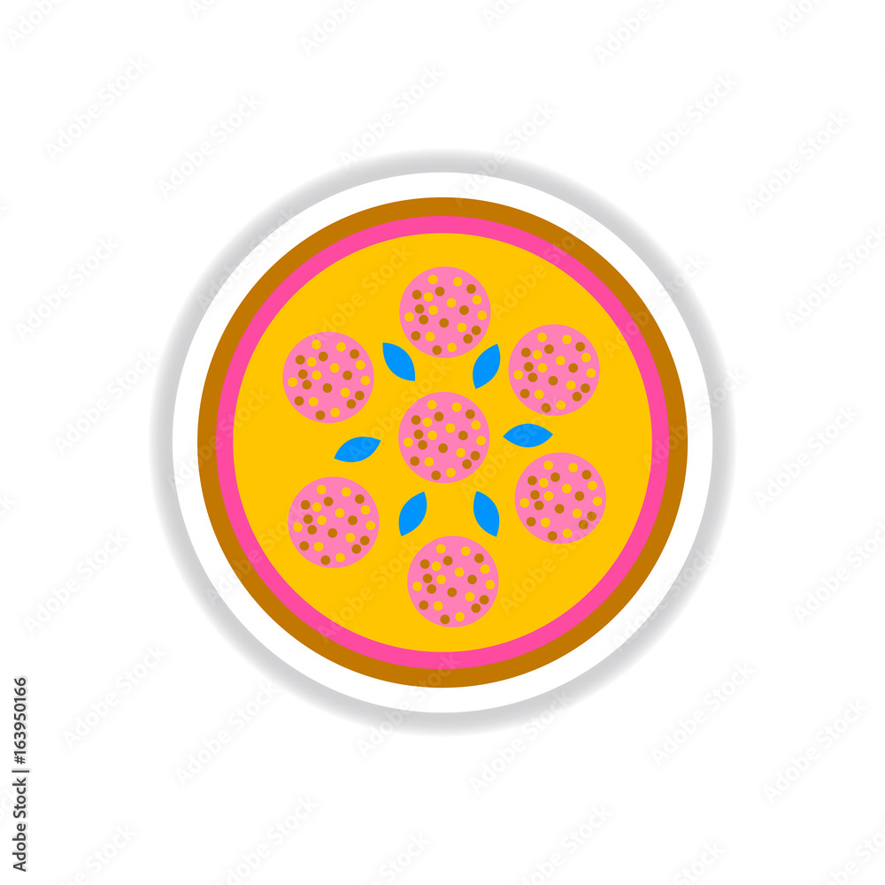 Pizza with salami.Vector illustration sticker. simple pizza icon top view Pizza with salami.Vector illustration sticker. simple pizza icon top view