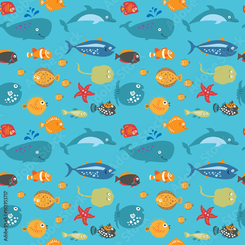 Cute seamless background with tropical underwater animals