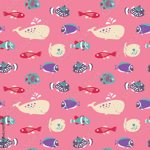 Cute seamless background with tropical underwater inhabitants
