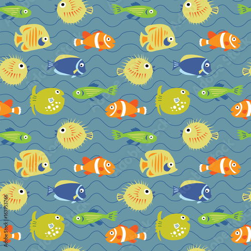 Cute seamless background with tropical fish on waves