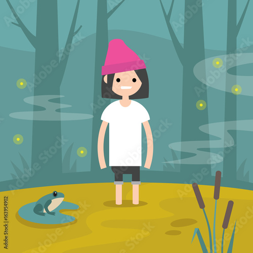 Young female character stuck in the swamp / flat editable vector illustration, clip art
